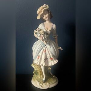 Lefton Victorian Figurine Sculpture Vtg. Japan Porcelain Flowers Hat 8 1/2”